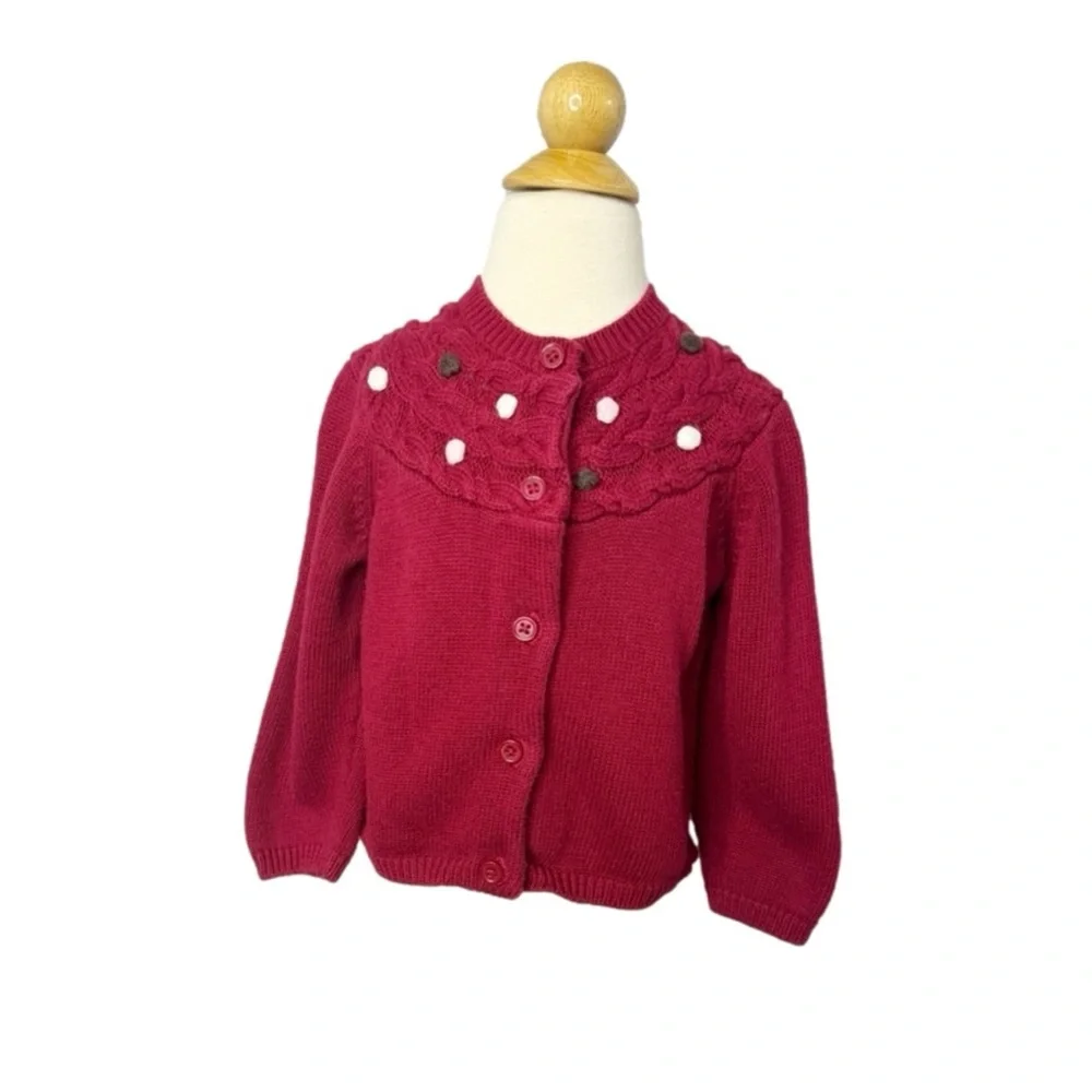 Gymboree Girls Cable Knit Cardigan Sweater Burgundy Maroon Pom Pom Size 2T